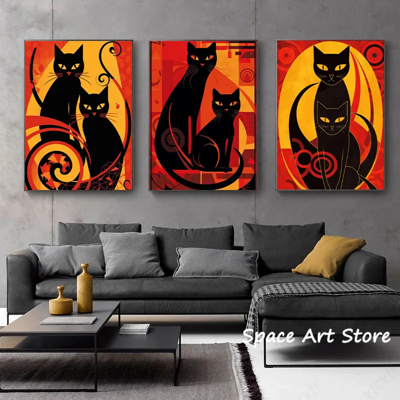 Vintage Black Cat Poster Abstract Animal Canvas Painting HD Print Wall Art Picture Living Room Bedroom Decor Aesthetics