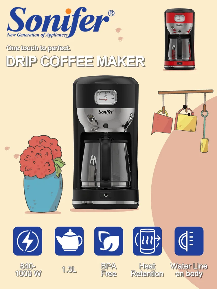 

Sonifer SET1-01 Retro Drip Coffee Maker 1.3L 1000W Cafe Machine with Countdown Timer Dial 8-10 Cups Warming Plate Anti-Drip 220V