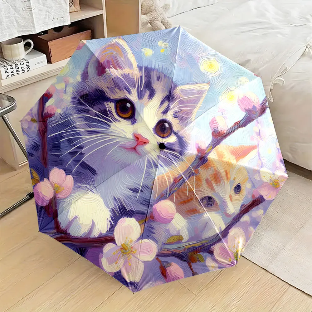 1PC Adorable Cat-Themed Umbrella with Blossoms Design Print 8 Iron Ribs Folding Umbrella Auto-Open Fashion Sunshade