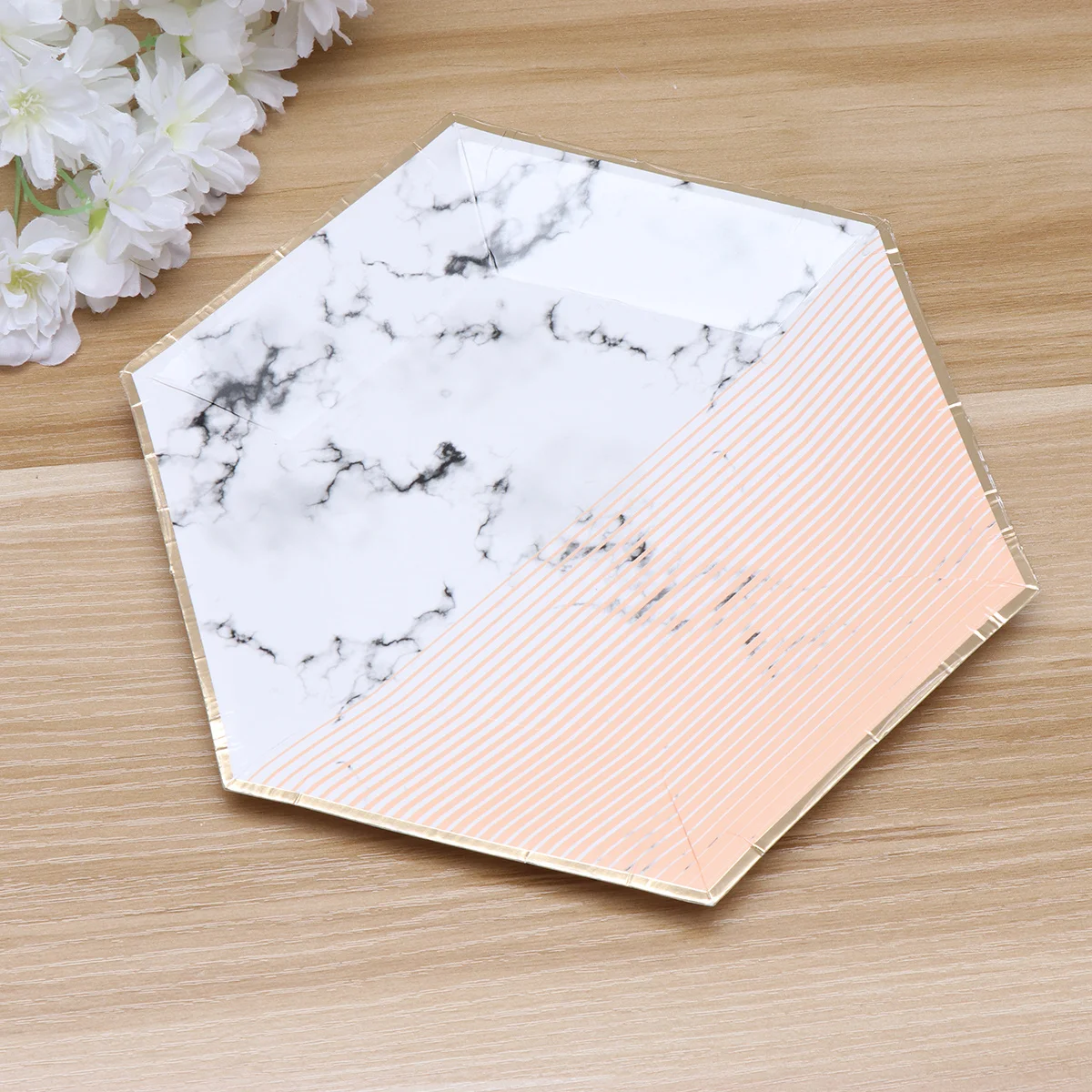 

8pcs 8 Inch Pink Gold Foil Marble Pattern Hexagon Paper Plates Disposable Dinnerware For Birthday Party Carnival Family