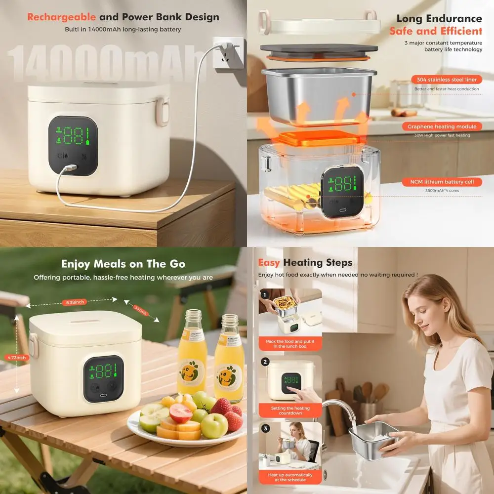 

Portable Self-Heating Lunch Box - 14000mAh Battery, 27oz Capacity, Type-C Rechargeable, Ideal for Office, School, Camping