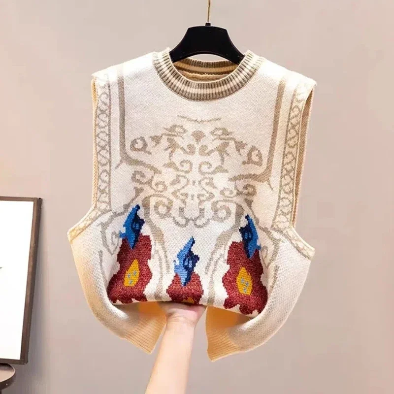 

Vintage Hand-painted Round Neck Knitted Sweaters Women Vest Korean Fashion Sleeveless Pullover Sweater Woman Winter E2686