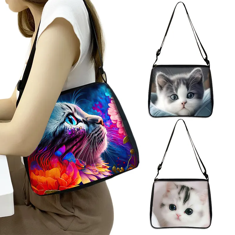 Cute Cat Print Shoulder Bag Felinae/Siamese Cat Women Handbag Kitten Key Card Phone Holder Money Bag Crossbody Bag Messenger Bag