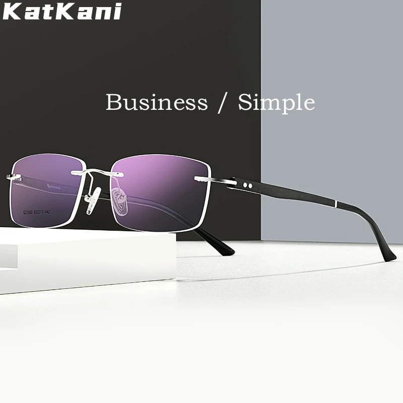 

KatKani Ultra-light Business Casual Flexible TR90 Alloy Myopia Hyperopia Eyewear Fashion Square Rimless Glasses Frame Men 2666