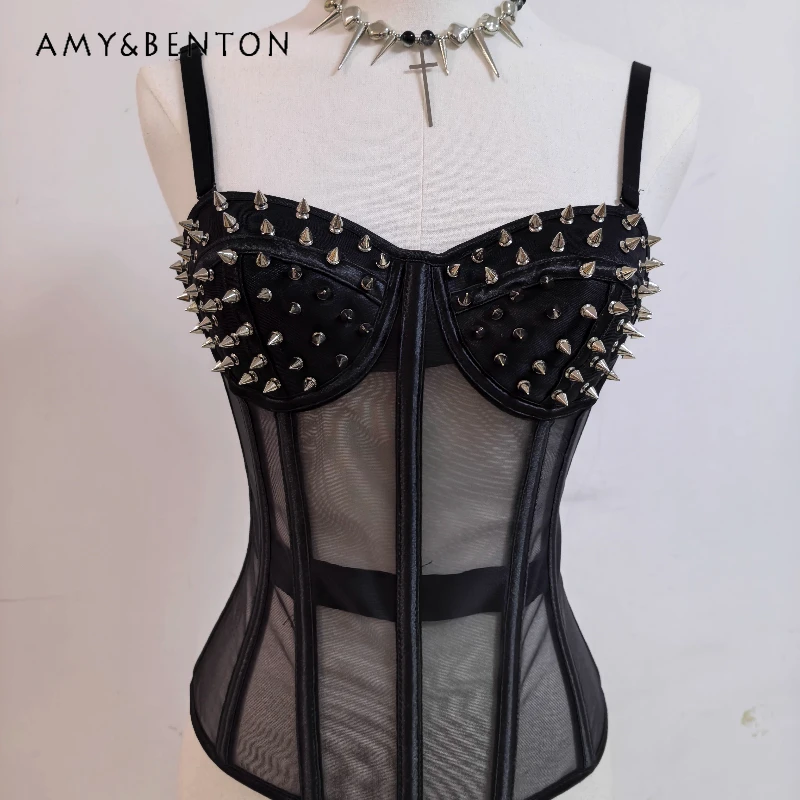 الأوروبية الأمريكية الشرير الظلام Y2K مثير الملابس النسائية التصميم الأصلي الحلو كول شبكة انظر من خلال هيكل السمكة برشام سترة السيدات