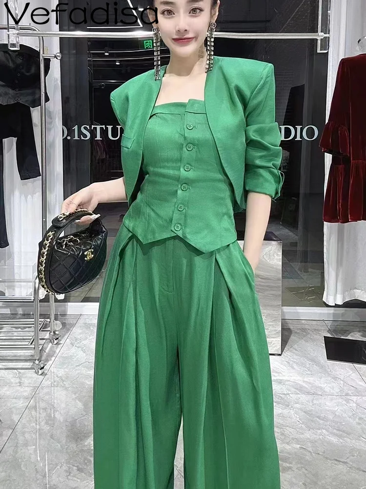 

Vefadisa 2024 Autumn New Women Matching Sets Strapless Top Paired A Small Camisole Jacket And Casual Wide Leg Pant Suit ZXY999A