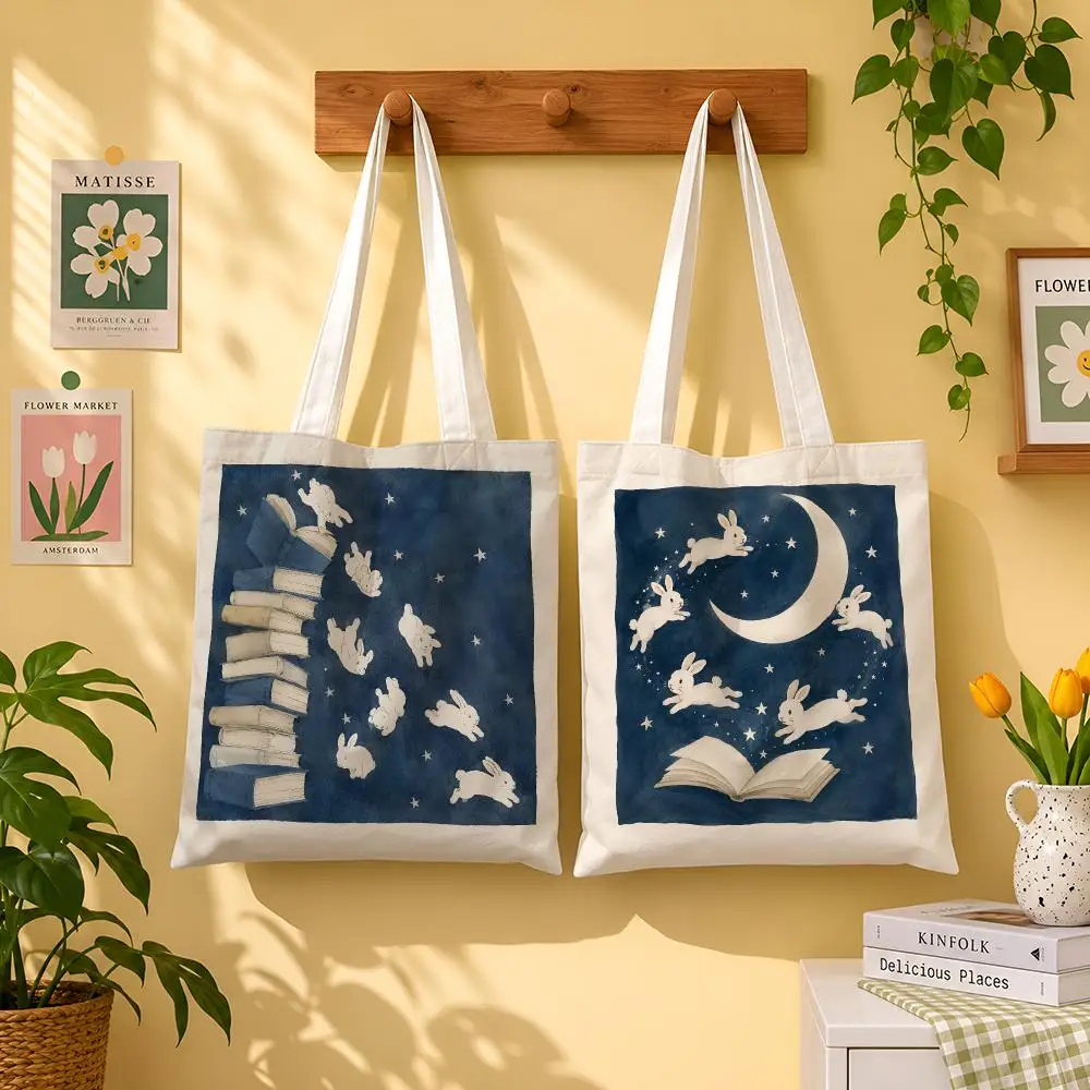 Moonlit Story Bunnies Storage Bags 1pc Canvas Tote Bag Reusable Shopping Shoulder Bag For Women Daily Use