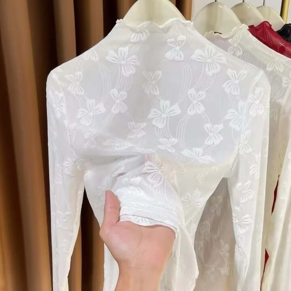 

Hollow Out Lace Bottomed Blouse Half High Collar Bowknot Bow Flower Mesh Shirt Basic Shirts Blouses Basic Undershirt Women