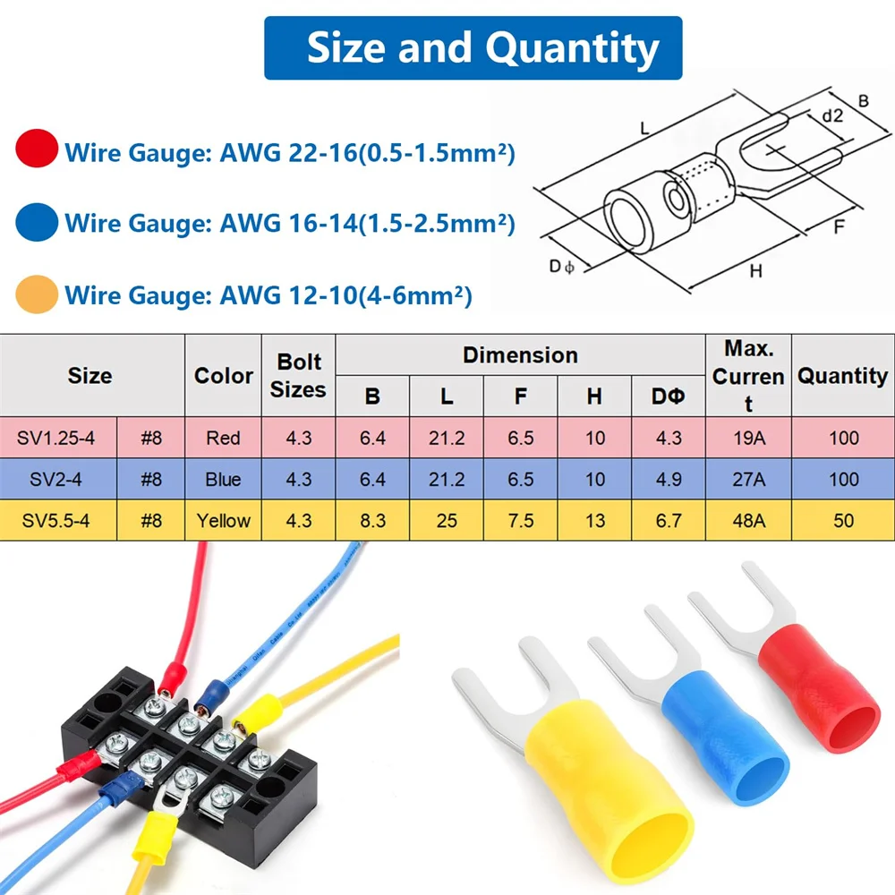 250Pcs #8(M4) 22-16/16-14/12-10AWG Fork Spade Connectors Wire Fork Connectors U-Type Insulated Fork Crimp Terminal Cnnectors