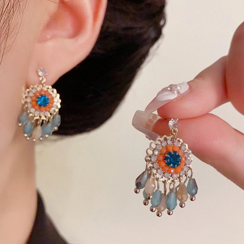 

Earrings trend 2025 Colored stones Bohemian style Ethnic style rhinestone crystal ear stud for woman