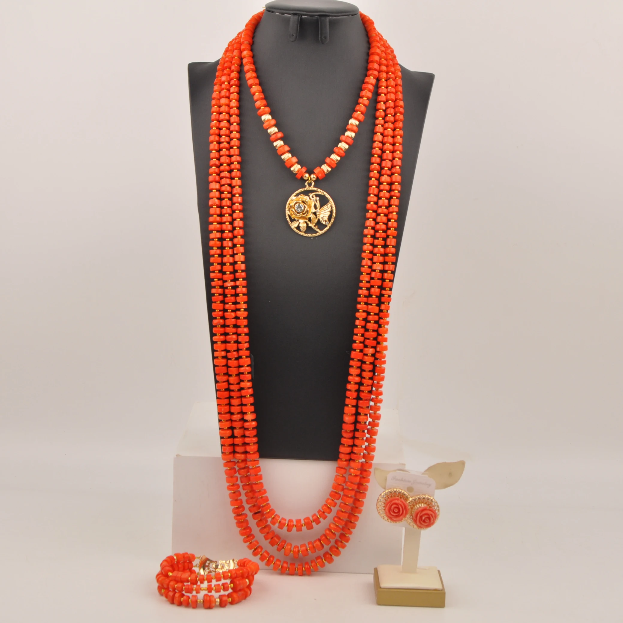 

Orange Nigerian Coral Beads African Bridal Jewelry Set