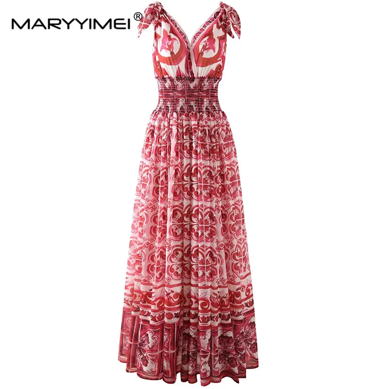 MARYYIMEI Spring Summer Fashion Vintage Women's Sleeveless dress Red porcelain printed Elastic Waist V-Neck Grace Long Dresses