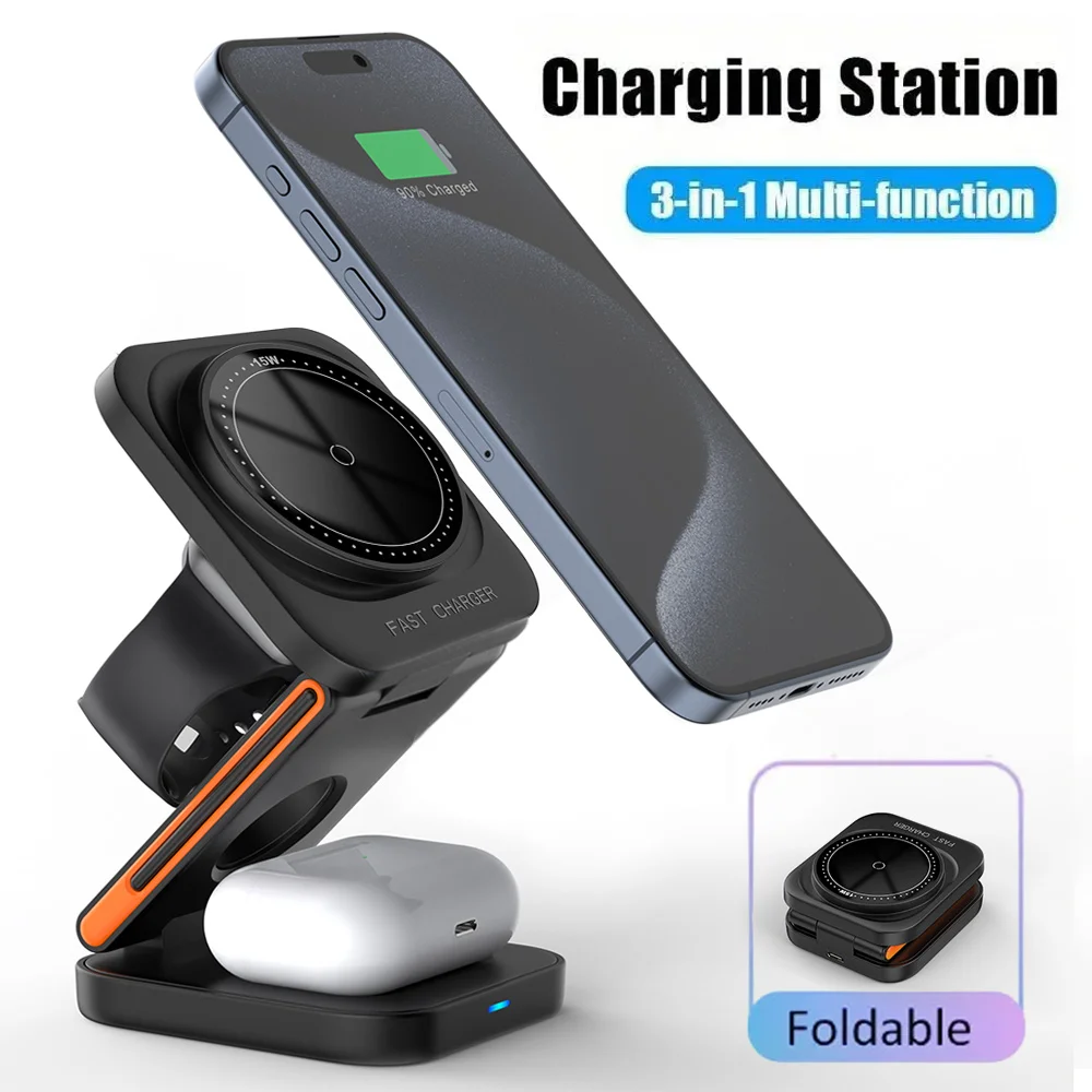 100W iPhone 3 in 1 Magnetic Foldable Wireless Charging Station for iPhone 15 14 13 12 11 Pro Apple Watch 8 9 Airpods