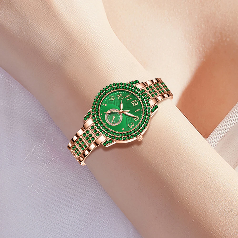 2PCS/SET Green Luxury Quartz Watch Women\'s Bracelet Water Diamond Fashion Watch Casual Women\'s Bracelet Watch