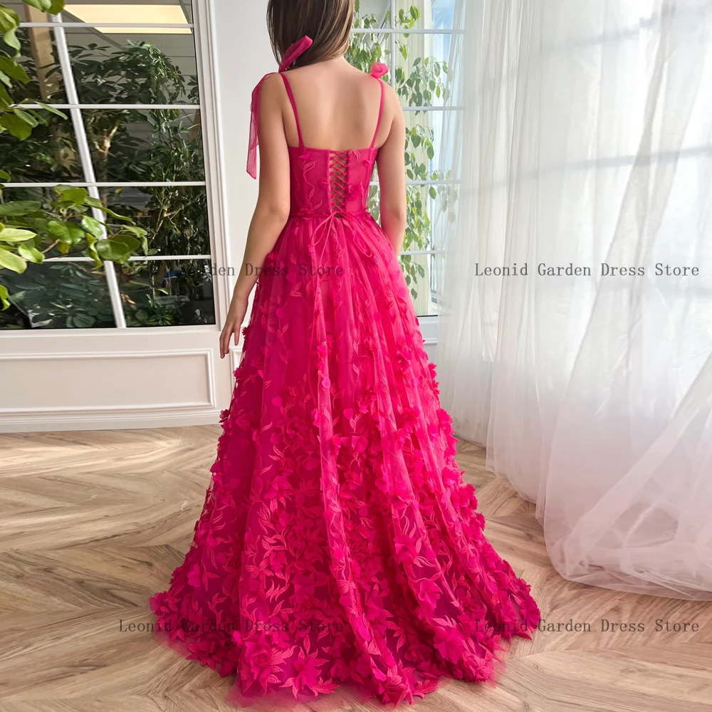 Fuchsia Spaghetti Strap Prom Dresses Flowers Party Gowns Applique A-Line Evening Dress High Slit Floor Length فساتين السهرة