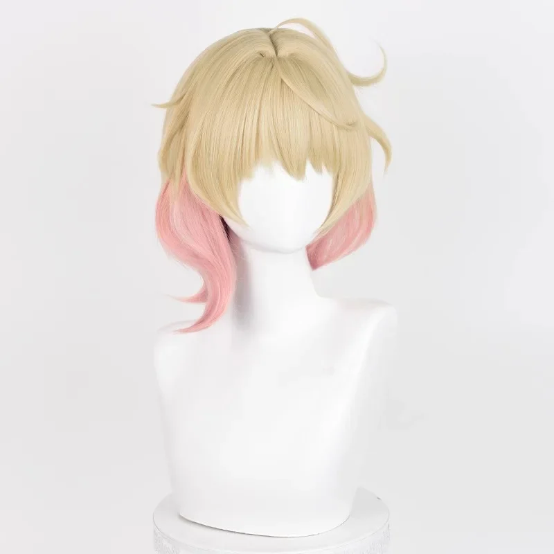 Emilie Wig Cosplay permainan Genshin dampak kuning Pink rambut Fontaine mawar dan Muskets parfum desainer rambut serat + topi Wig