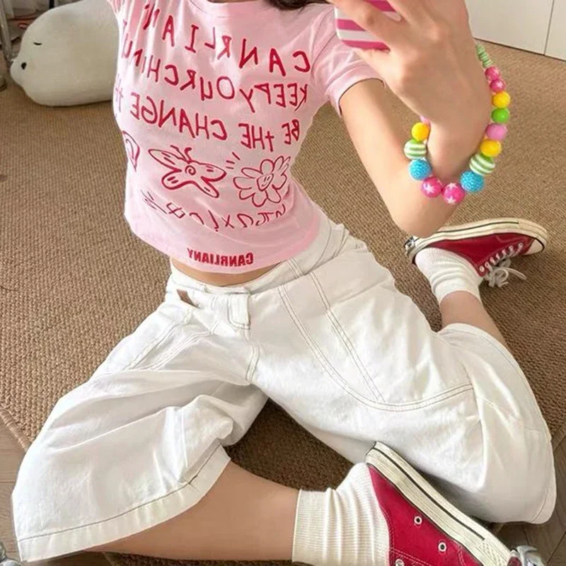 Pantaloncini di jeans bianchi streetwear vintage da donna anni 2000 Y2k pantaloni di jeans a gamba larga retrò americani a vita alta jeans larghi casual chic