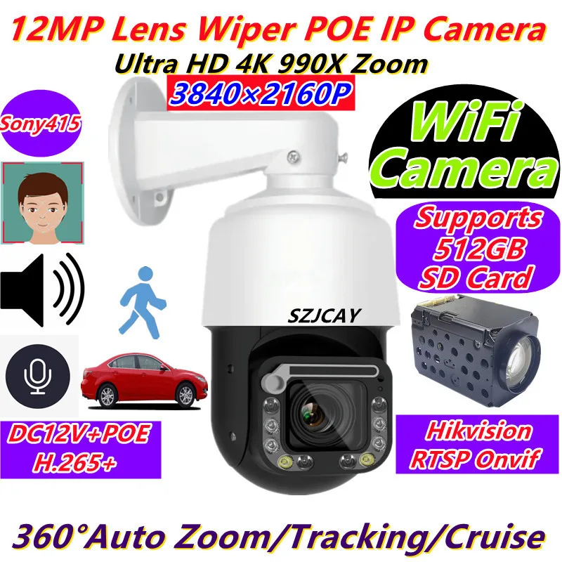 Cámara WiFi 4K de 12MP con Zoom 990X, Seguimiento Humanoide por IA, Cámara de Vigilancia PTZ POE para Exteriores, Compatible con Hikvision, Dahua, Xmeye, iCSee