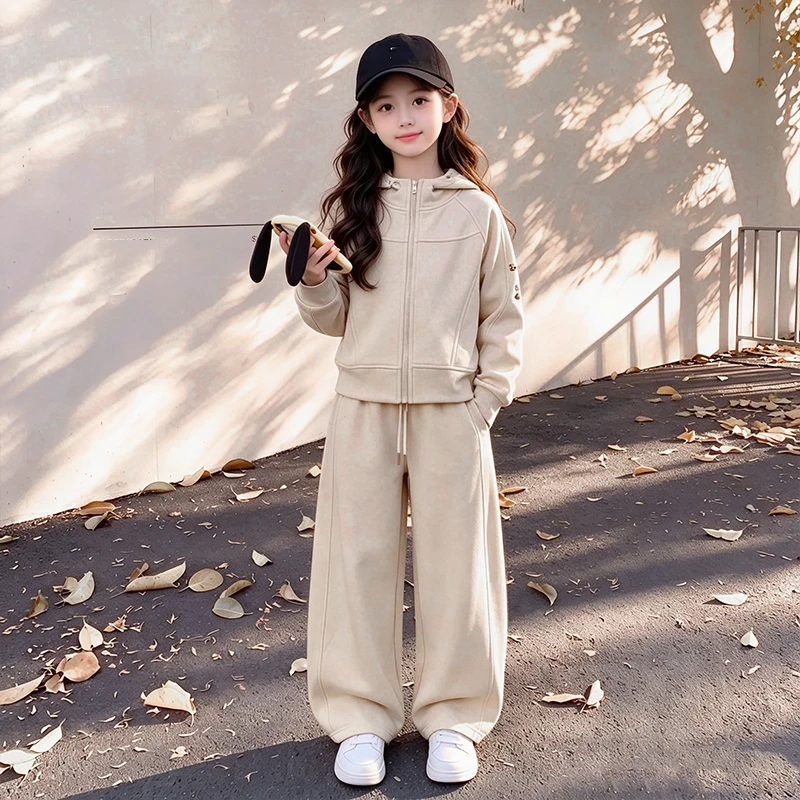 Girls Fall 2 Pieces Tracksuit Zip Hooded Cropped Sweatshirt Wide Leg Trousers Casual Street Outfit 6‑16 Years