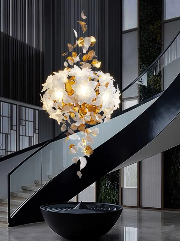 

2026 New Gold Glass Pendant Lamp, White Flower Shade Dimmable Lustre Chandelier for Villa, Stylish Light for Ceilings