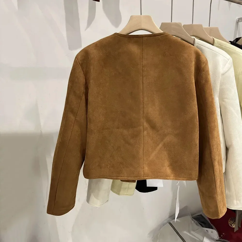 Chaqueta corta de ante para mujer, abrigo francés con cuello redondo, Tops informales de Color liso, prendas de vestir de primavera y otoño, 2024