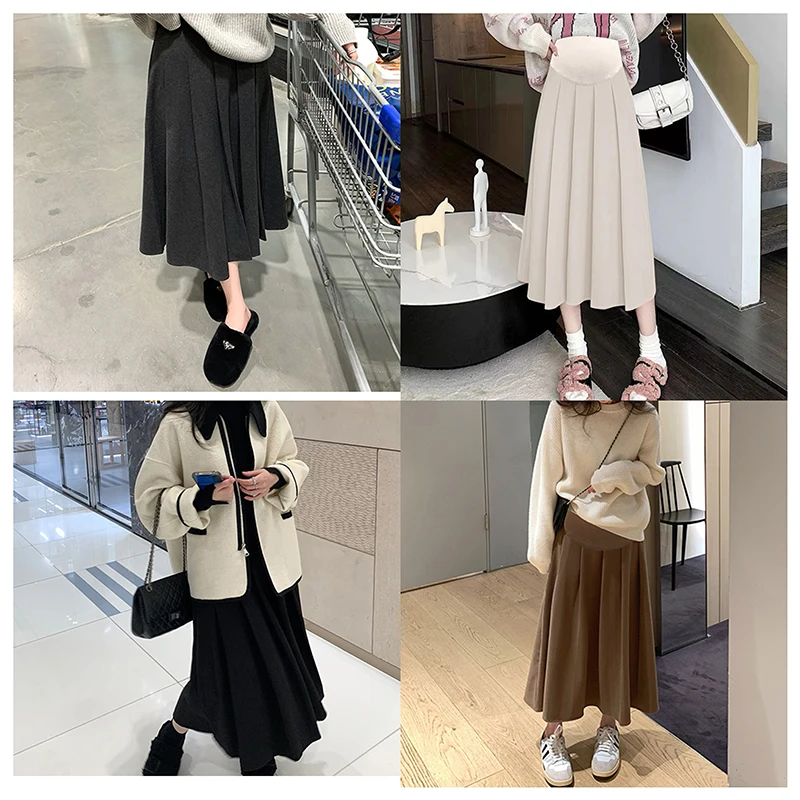 3351# 2023 Autumn Winter Fashion Pleated Woolen Maternity Skirts Elastic Waist Belly Loose Clothes for Pregnant Women Pregnancy