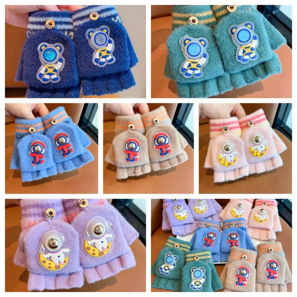

Astronaut Pattern Winter Kids Warm Mittens Thicken Fingerless Knitted Gloves Cold Protection Cute Cartoon Half Finger Gloves