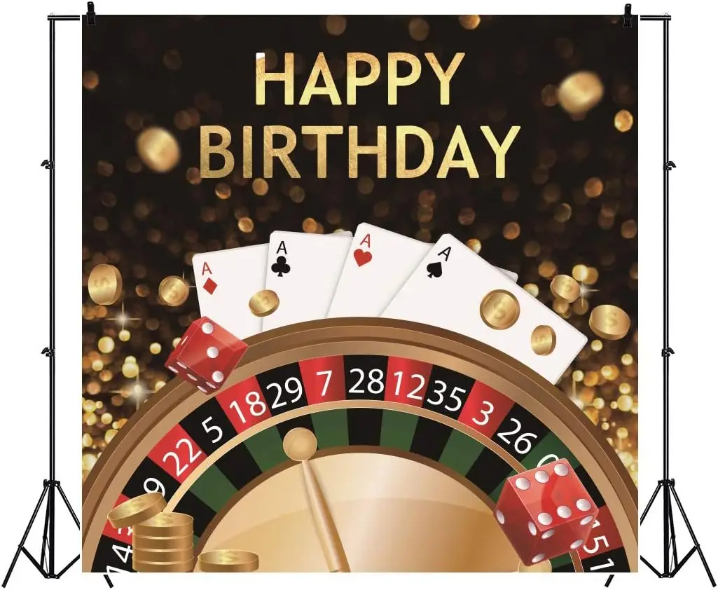 Happy Birthday Casino Photography Backdrop Gamble Turnplate Poker 4A Dice Golden Coins Boy Girl Children Adults Background