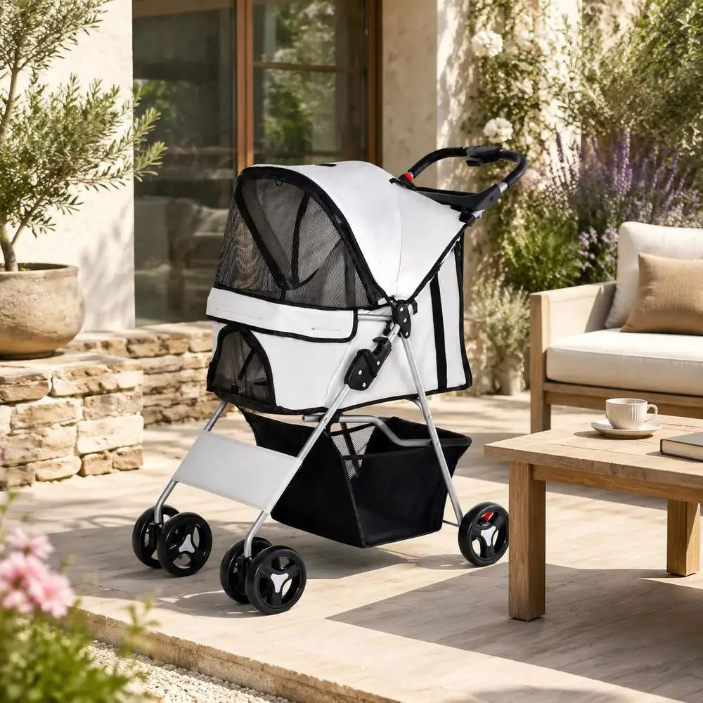 Poussette pliable pour enfants 77L x 45L x 99.5H cm, tissu imperméable 600D Oxford, 4 roues, gris