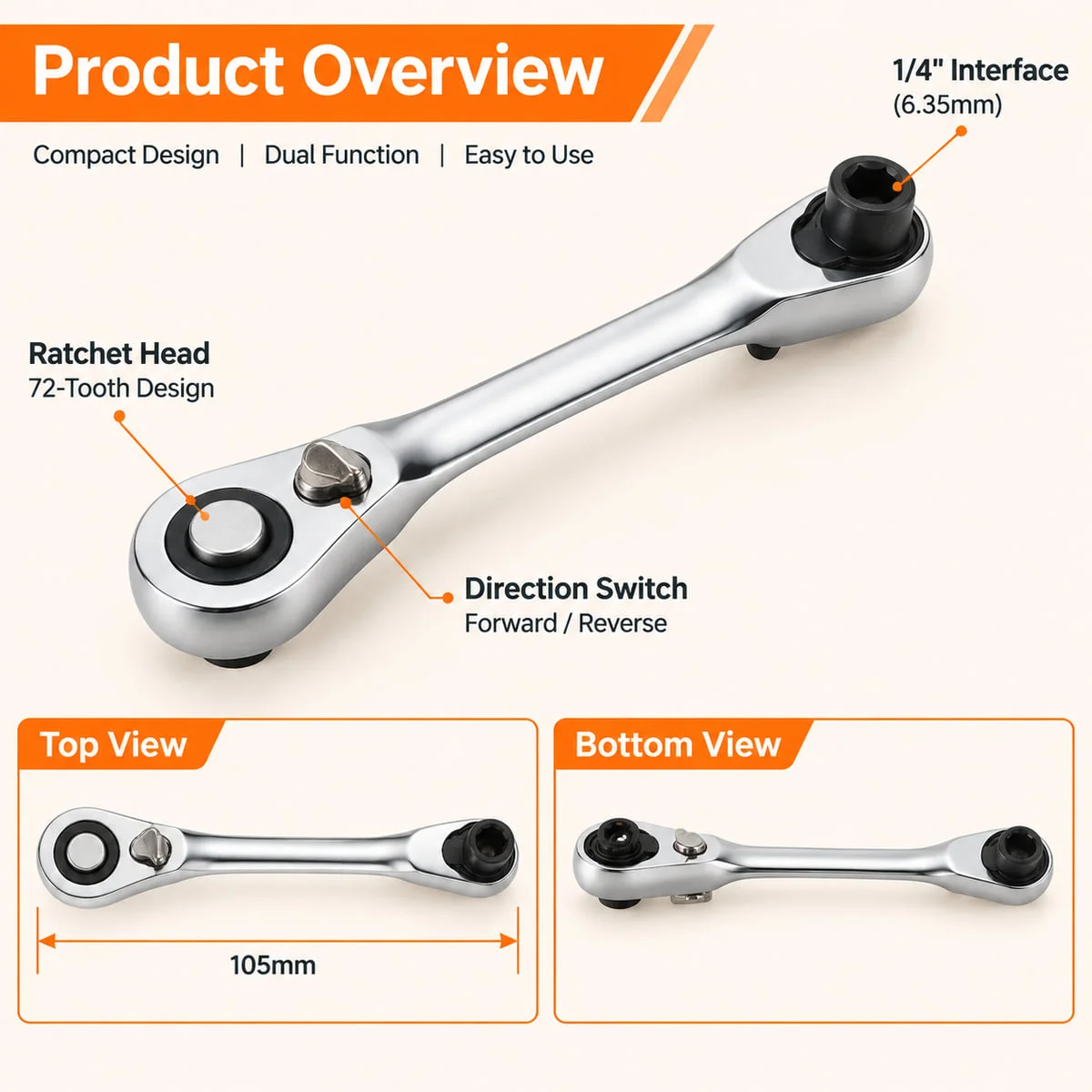 YONGRUN 1PC Mini 1/4 Inch Ratchet Screwdriver Socket Bit Wrench 72-Tooth Dual-Head CR-V Steel 105mm For Auto DIY Repair