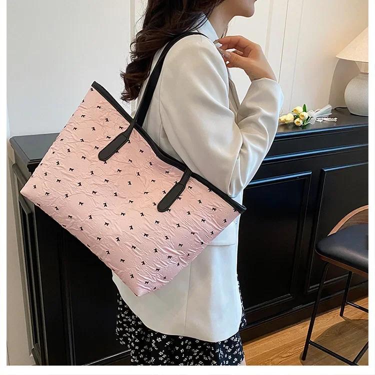 Sommerliche, farbenfrohe Tragetasche mit Schleife für Damen, große Kapazität, trendige, vielseitige Hand- und Schultertasche, ideal für Pendler, Alltag und Freizeit. – Detail 10