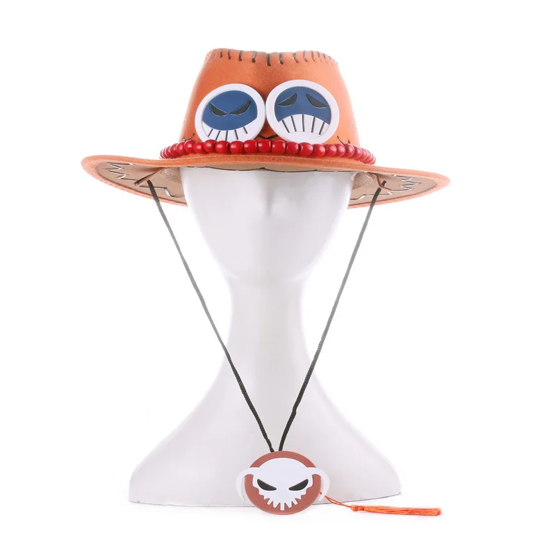 Portgas D Ace Cappello da cowboy cosplay con collana Cappello occidentale in feltro arancione Cappelli per costumi Accessorio per costume di Halloween per cartoni animati anime