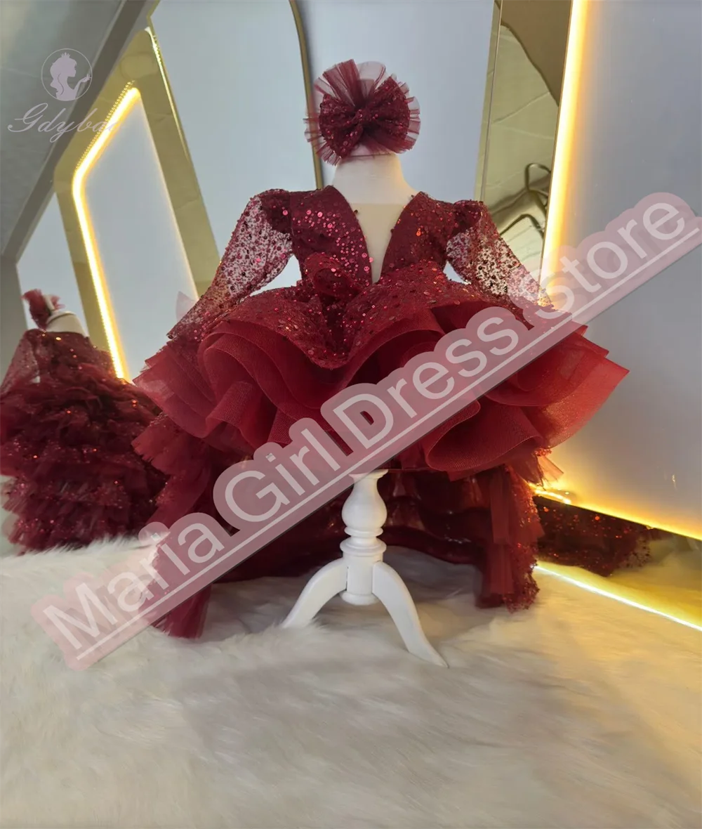

Glitter Girl Birthday Pageant Dress Fluffy Burgundy Bow Tulle Princessl Party Feather Prom Gwedding With Long Train