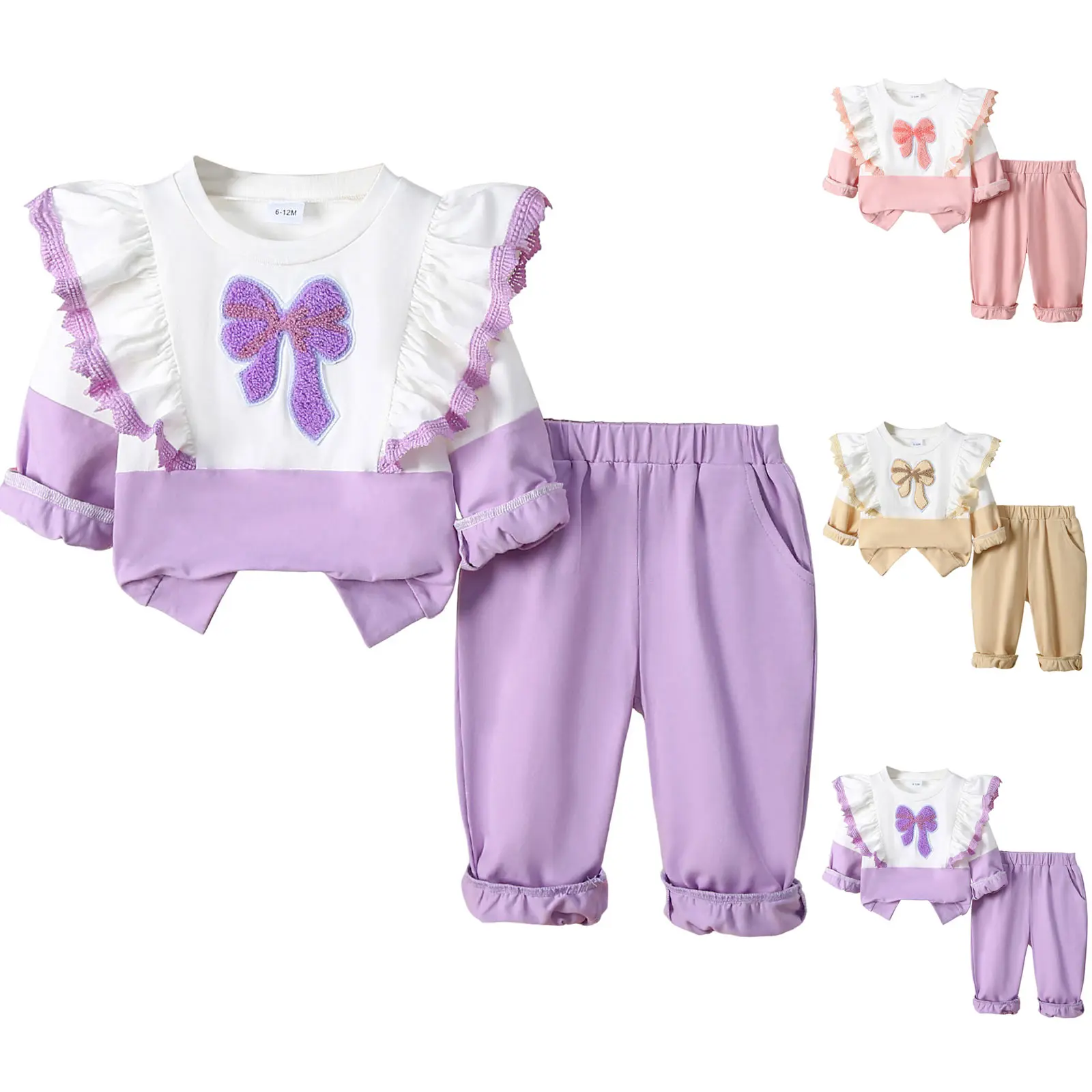 

Baby Girls Outfit Set Cute Flutter Sleeve 3D Bow Applique Color Block Top Pants Adorable Two Piece Set Toddler Girls Clothing