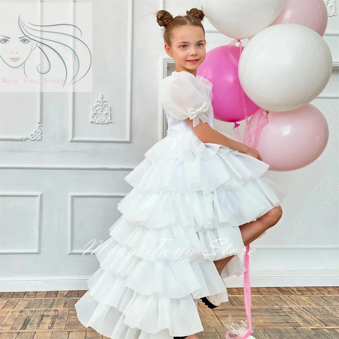 

White Layered Flower Girl Dress For Wedding Tulle Elegant With Bow Puffy Baby Kids Birthday Party First Communion Ball Gown