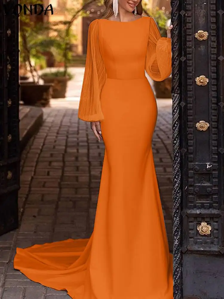 

Autumn Maxi Long Dress 2023 VONDA Women Lantern Sleeve Lace Patchwork Party Dress Summer Beach Sundress Loose Robe Femme Baggy