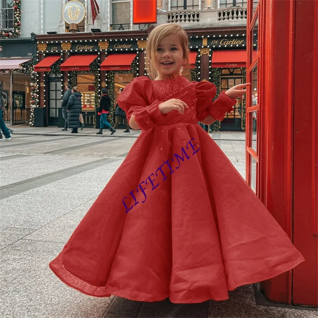 カスタマイズされた素敵な光沢のあるスパンコールフラワーガールドレス結婚式用ハイネック長袖パフフリル膝丈ドレス女の子誕生日
