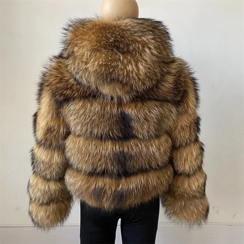 

2023 Hot Sale Winter Women Fur Coat Hooded Luxury Real Raccoon Silver Fox TOP Furry Jackets Coat Warm Thick Natural Long Sleeve