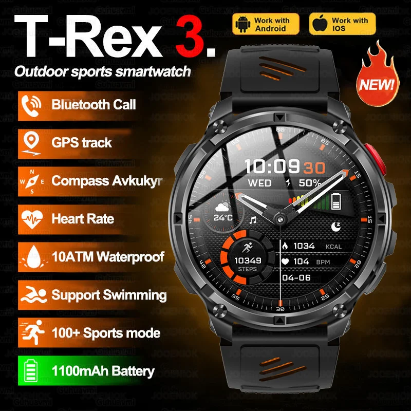 

T-REX 3 Smartwatch Men 1100mAh Ultra Durable Battery Smart Watch GPS Compass IP69K Waterproof BT Call 100+ Sport Mode Flashlight