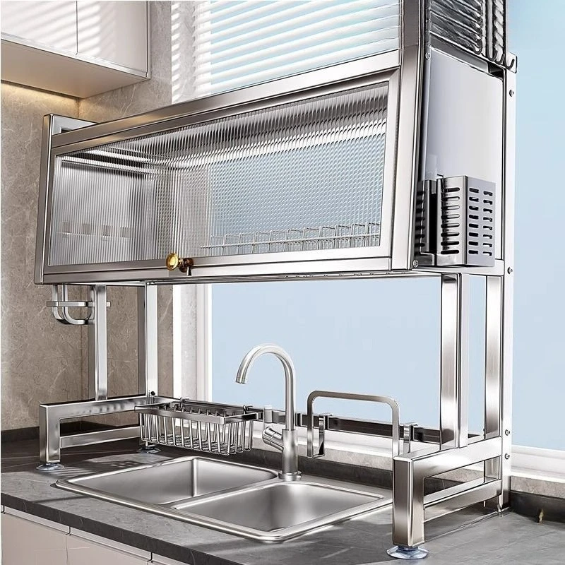 304 Stainless Steel Sink Shelf Dish Storage Dishwasher Sink Above Sink Kitchen Drain Rack Dust-proof Cupboard