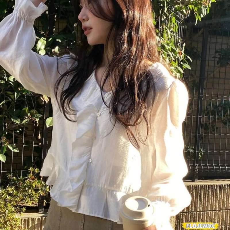 짧고 얇은 투명 탑 블라우스 새로운 패션 여성 일본 소녀 귀여운 레트로 빈티지 러플 탑 프레피 스타일 기본 셔츠