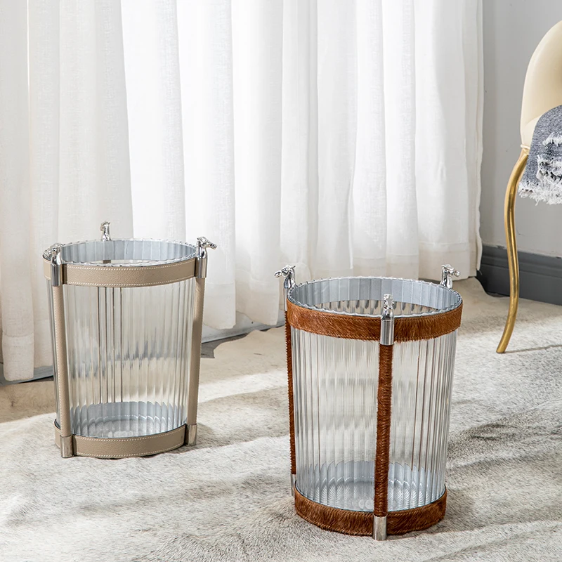 Luxury Stainles Steel Transparent Trash Can Elegant Office Paper Basket Creative Waste Container for Bedroom Model House Display