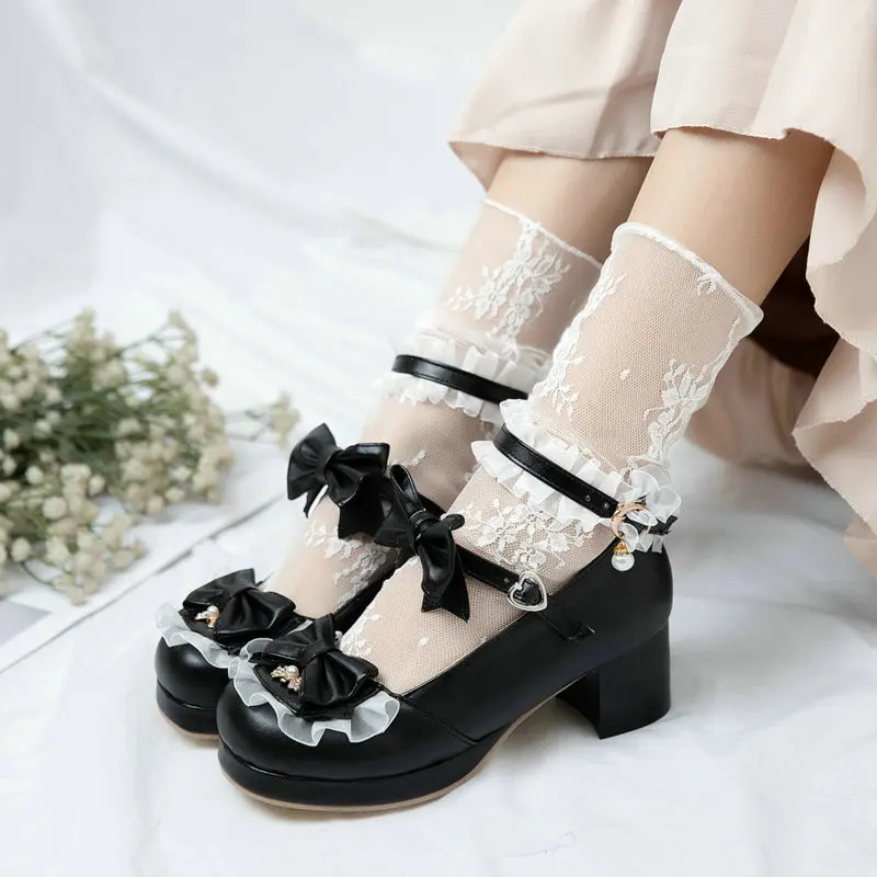 

Big Size 30-46 Lolita Girls Shoes Comfortable Mary Janes Shoes Bowtie Lace Ruffles Platform High Heel Cosplay Women Pumps