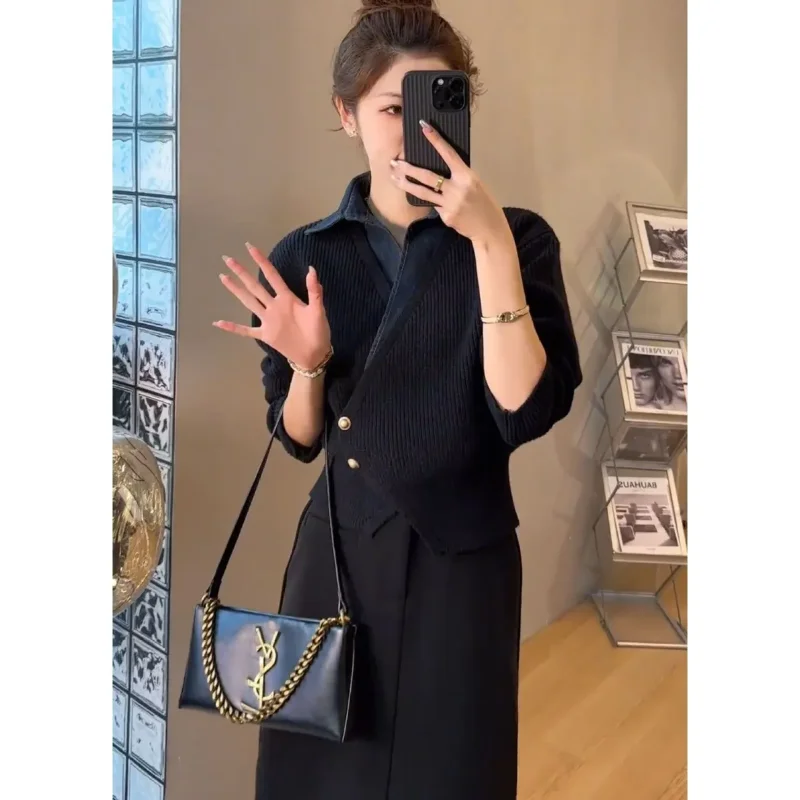 New Denim Splicing Fake Two Piece Knitted Sweater Lapel Fashion Loose Slimming Irregular Knitted Cardigan