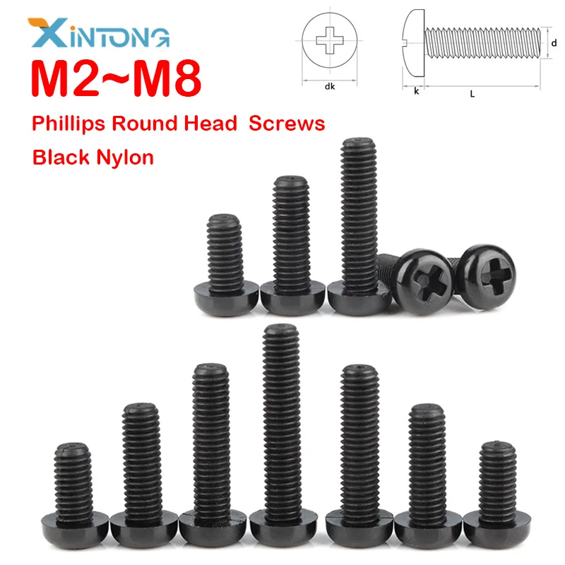 20-100pcs M2 M2.5 M3 M4 M5 M6 M8 Black Plastic Nylon Phillips Cross Round Pan Head Screws Bolts DIN 7985