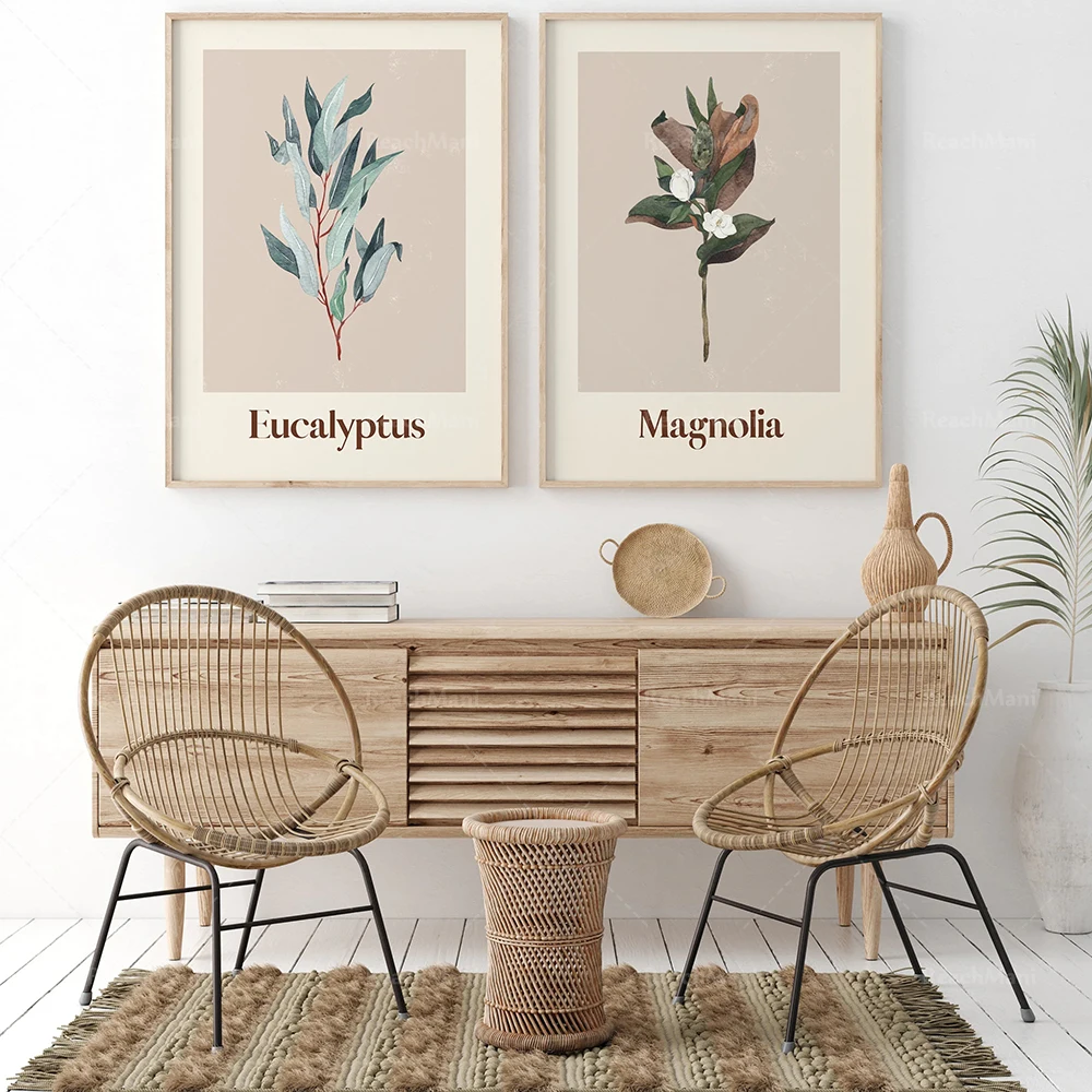 Pflanzendrucke aus Magnolien und Eukalyptus, Wandkunstdrucke für die Heimdekoration, Blumenposter, Kunstposter für Raumdekoration