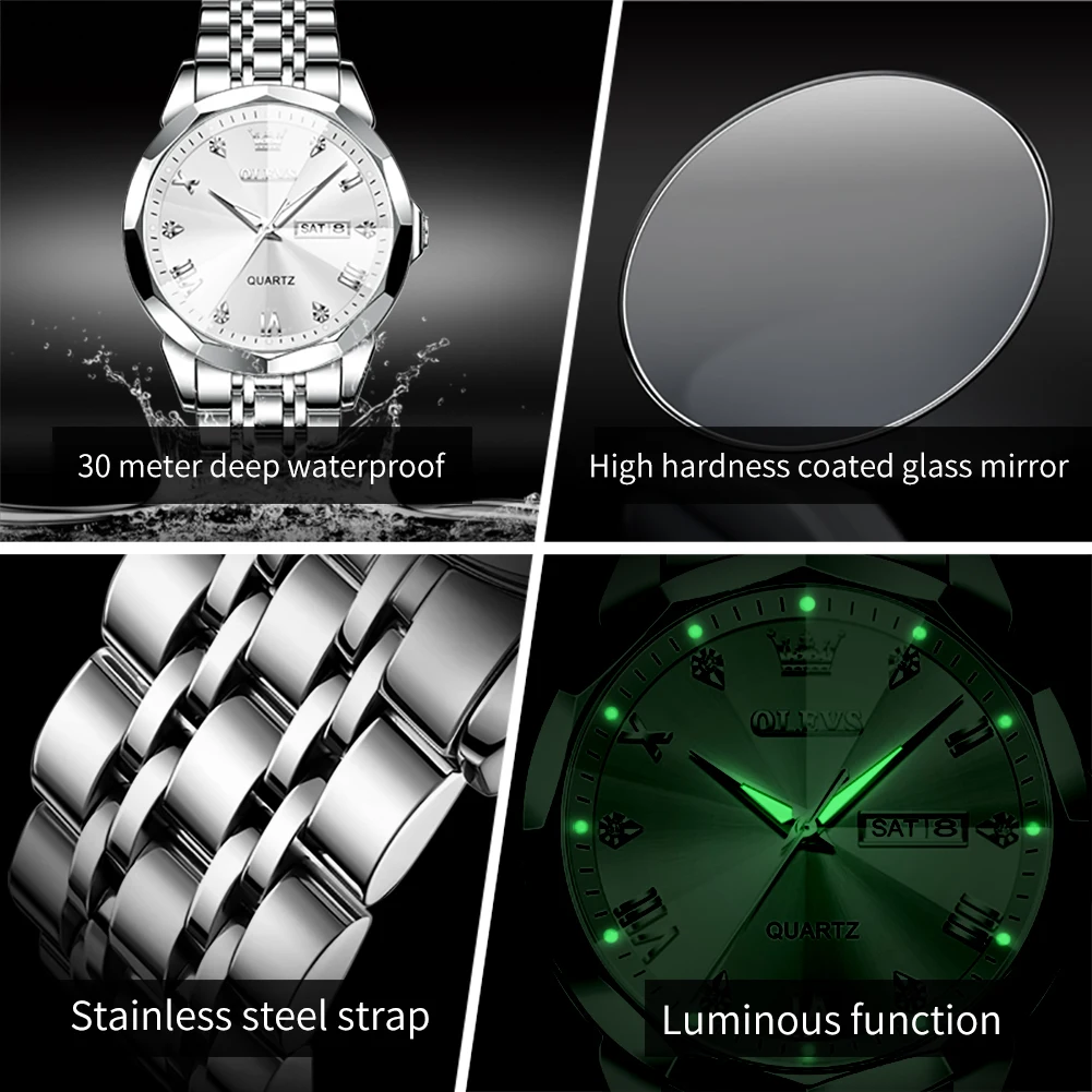 OLEVS Men\'s Watches Rhombus Mirror Original Quartz Watch for Man Waterproof Luminous Stainless Steel Wristwatch Male Date Week