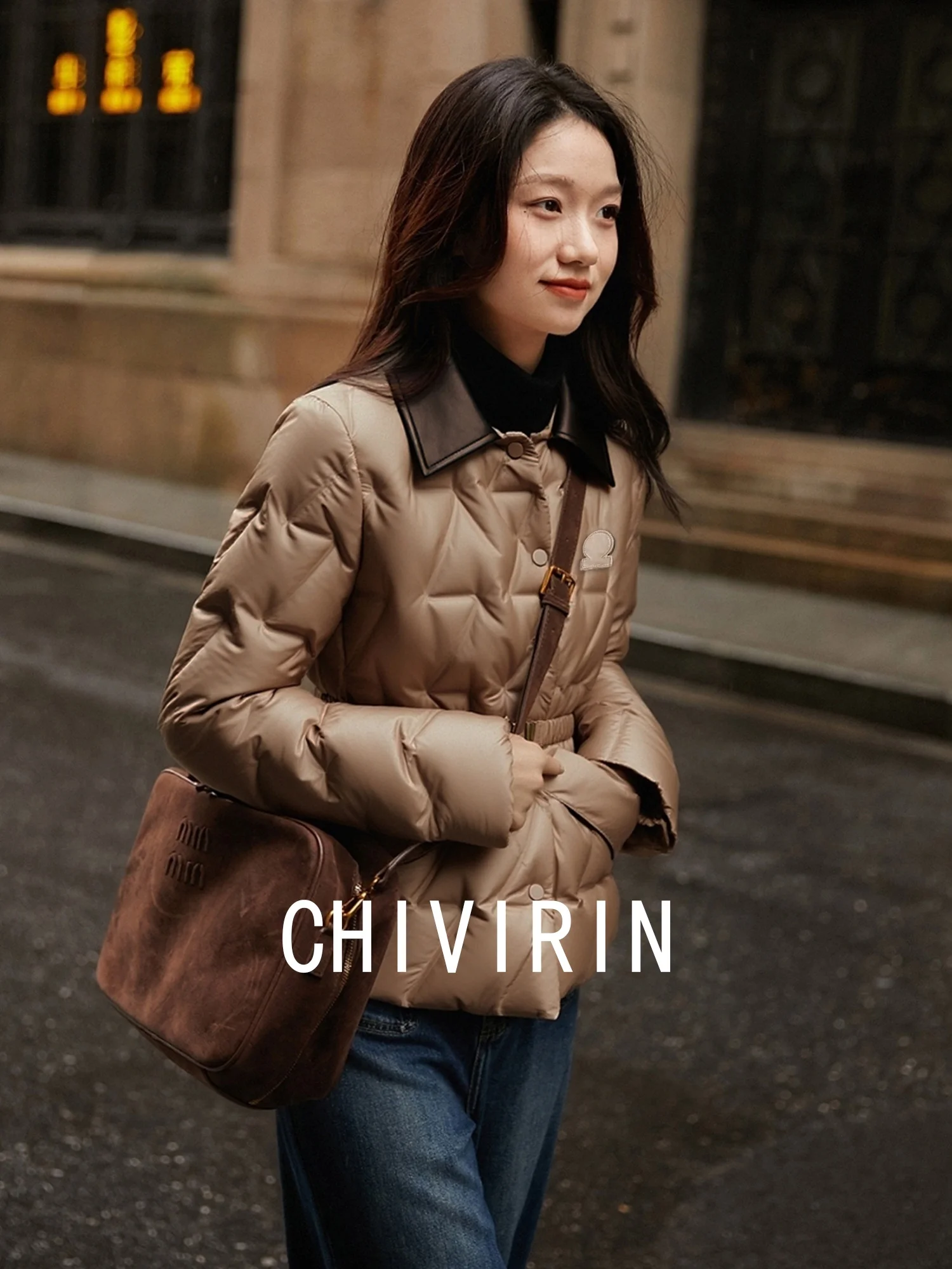 

Chivirin 2026 Осенне-зимняя женская утепленная куртка-пуховик с простым ромбовидным узором, высококачественная верхняя одежда из гусиного пуха, приталенный крой, повседневная