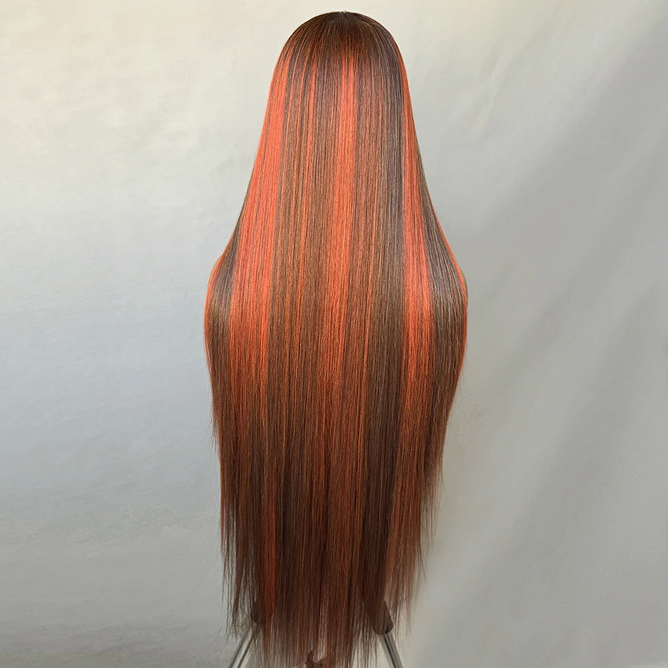40Inch Mixed Ginger Brown Straight Lace Front Wig Synthetic T-Part 13x4x1 Long Lace Wigs Heat-resistant Fiber Highlights Piano