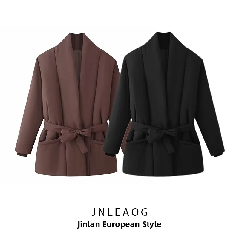 

JNLEAOG Women's Faionable Pure Color Belted Loose Warm Cotton Jaet Street Sle Hooded Zipper Closure Long Sve round Ne